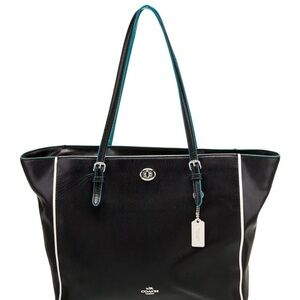 Coach Black and Turquoise All Leather Tote - White Accents & Silver Hardware